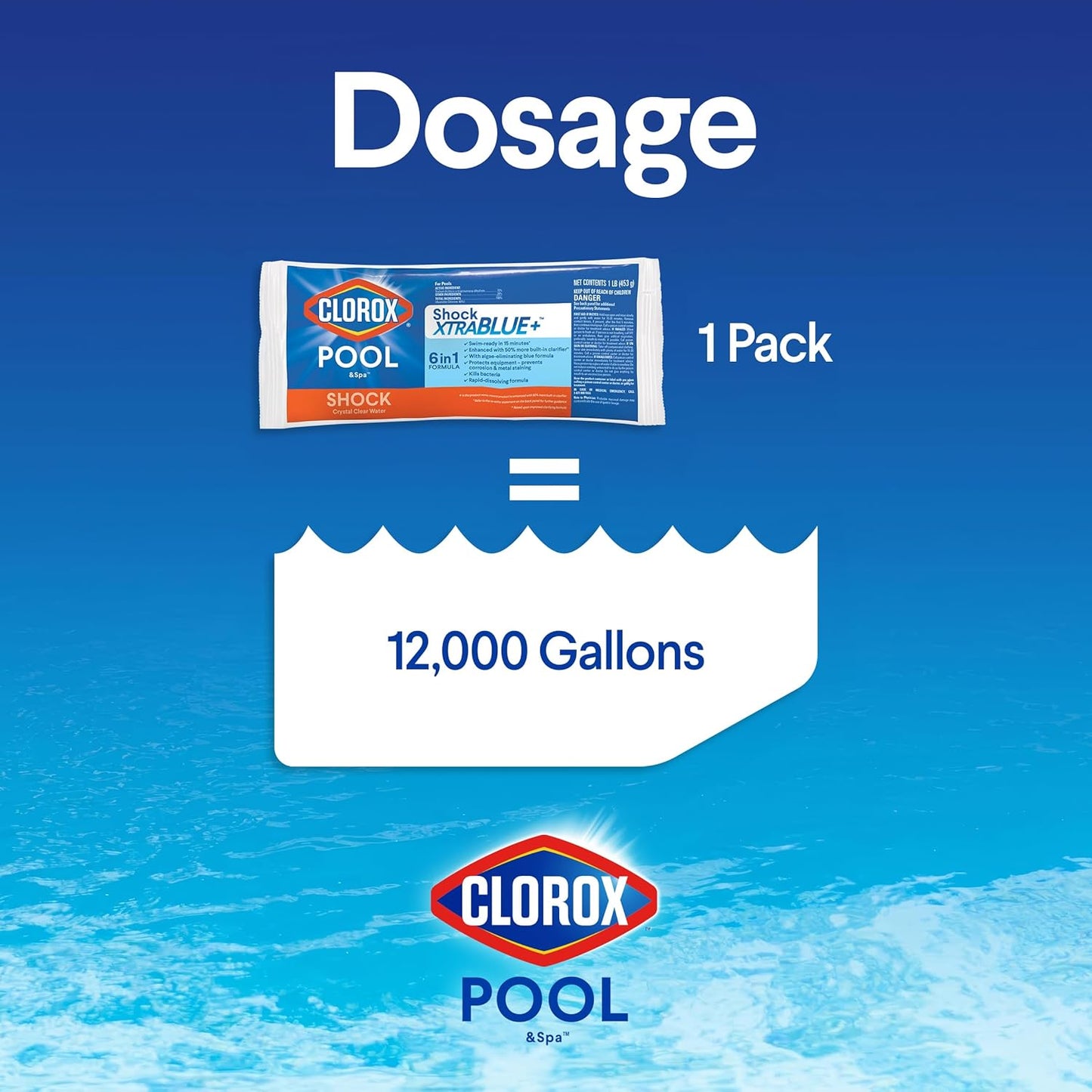 Clorox?Pool&Spa?Shock XTRABLUE?Plus, Kills Bacteria & Algae in Swimming Pools, Swim-Ready in 15 Minutes, (12-Pack), Granular