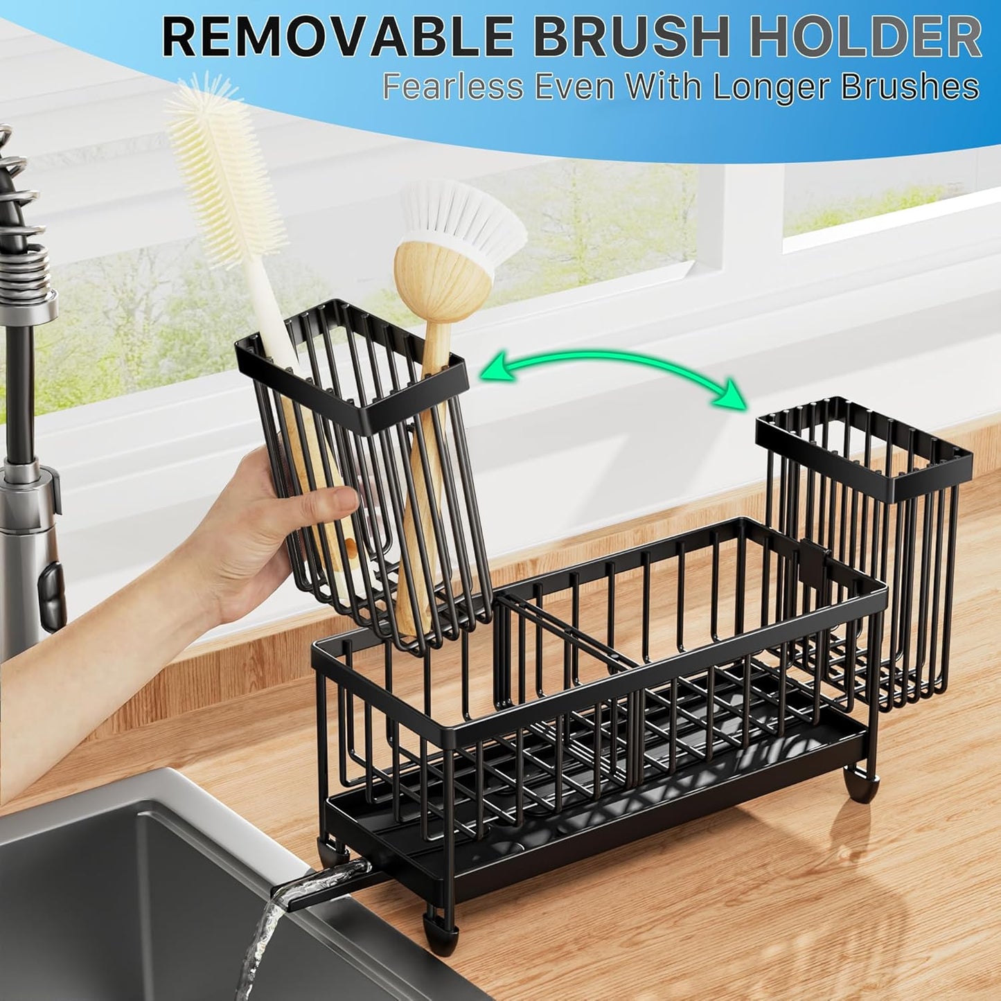 Cisily Sponge Holder for Kitchen Sink, Sink Caddy Organizer with High Brush Holder, Kitchen Countertop Organizers and Storage Essentials, Rustproof 304 Stainless Steel (Black, 9.25)"