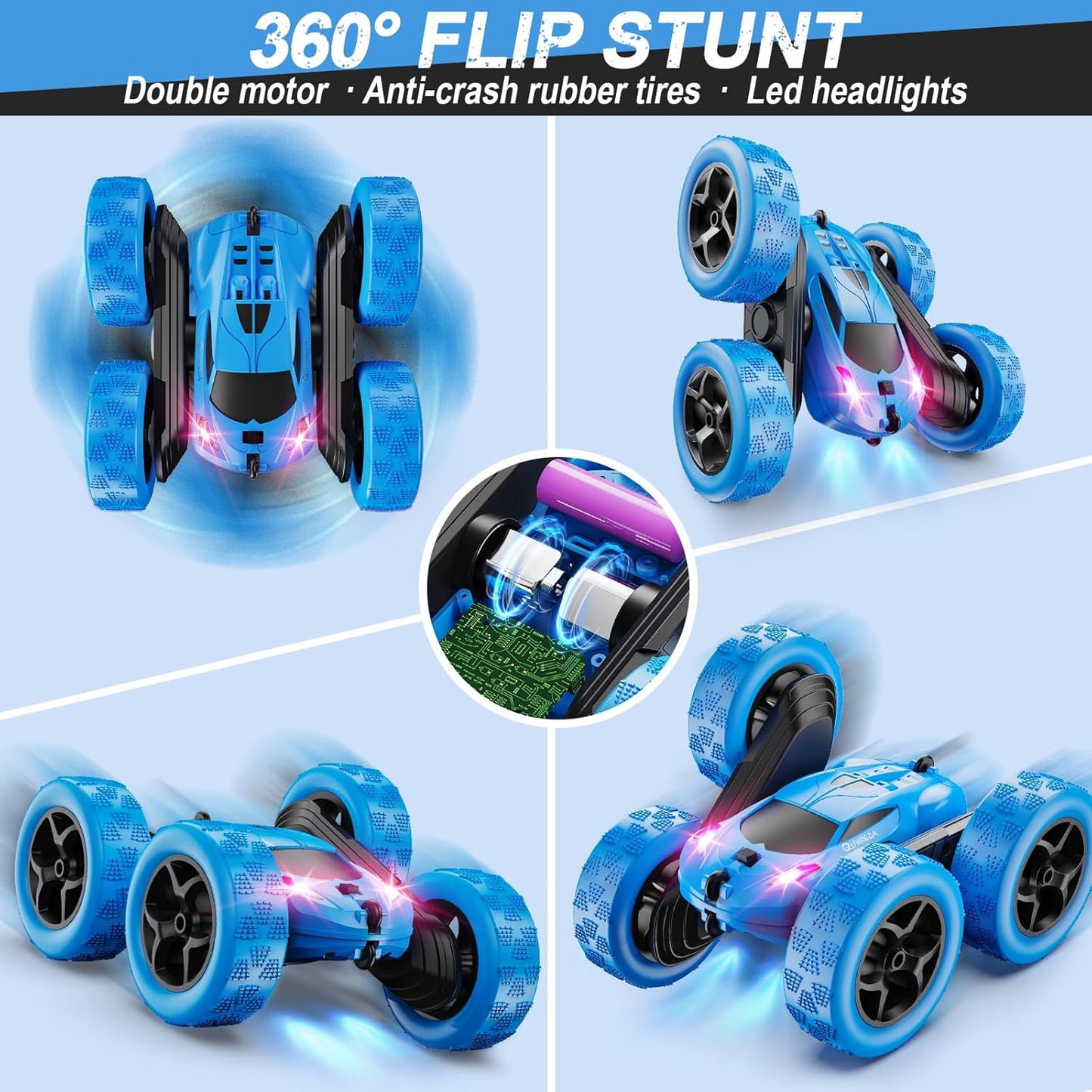QUNREDA Remote Control Car, RC Cars Toys for Kids Ages 6-12, 4WD Stunt Car with LED Lights & 360?Flips, 2.4GHz, Upgraded USB-C Modular Batteries, 8-10 Year Old Boys Birthday Gift 1-Blue