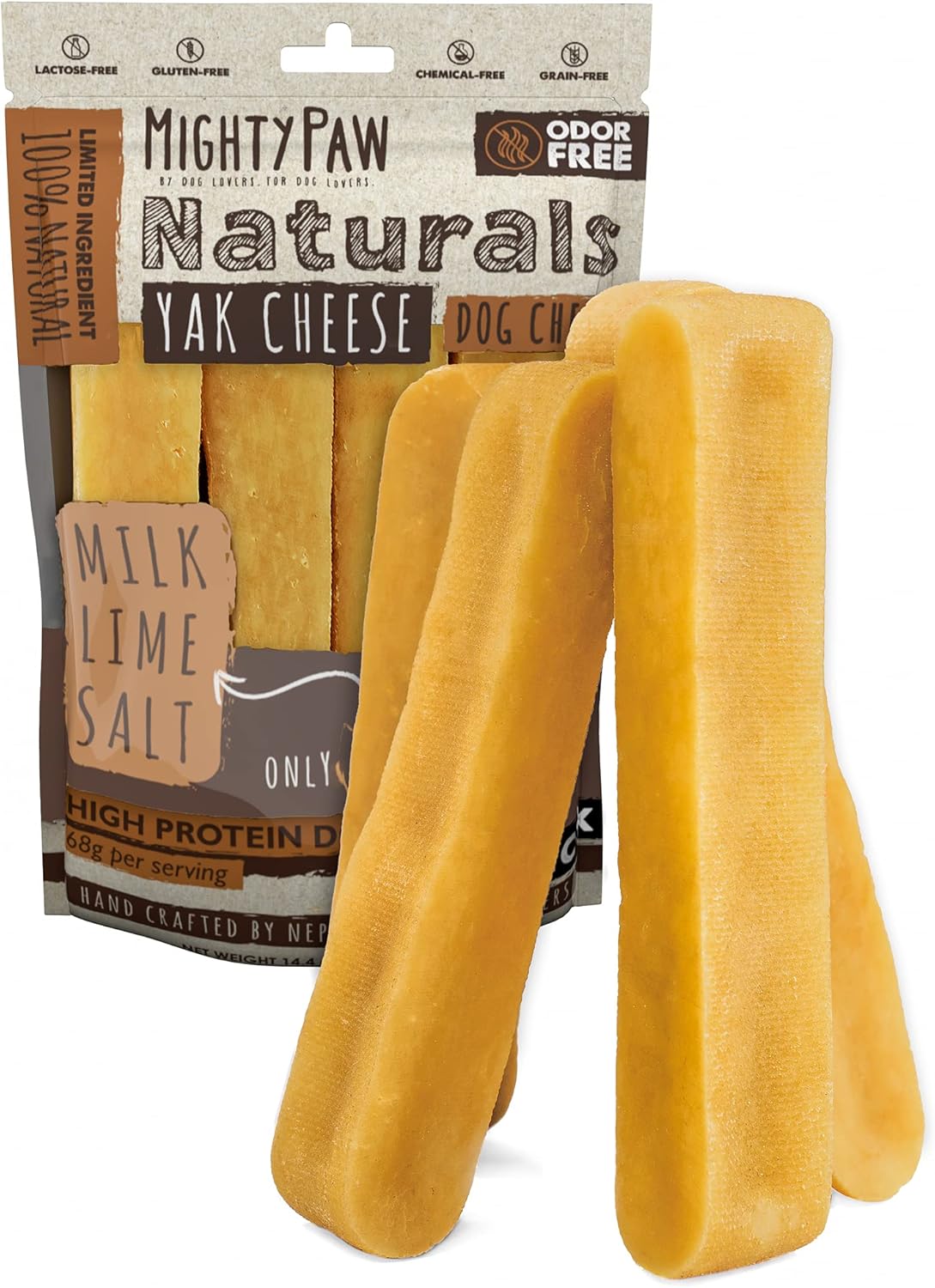 Mighty Paw Yak Cheese Dog Chews ?All-Natural Long Lasting Hard Chew for Aggressive Chewers ?High Protein, Odor-Free Dog Treat ?3 Ingredient Natural Yak Chews for Large Dogs ?(4 Pack)