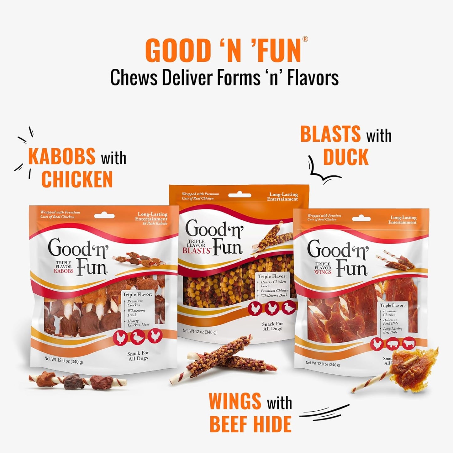 Good ??Fun Triple Flavor Wings Chews for All Dogs, 12 Ounces, Treat Your Dog to Long-Lasting Chews Made from Chicken, Pork Hide and Beef Hide