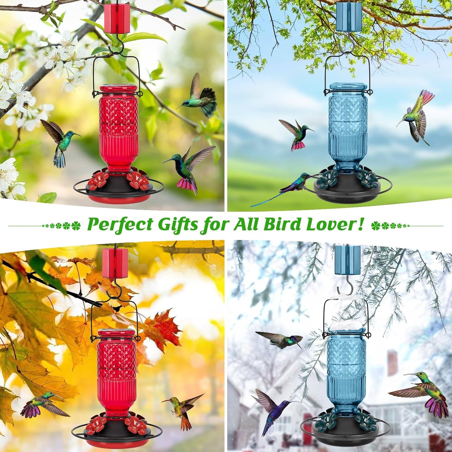 FEED GARDEN Glass Hummingbird Feeder, 16oz Outdoor Hanging Bird Feeder with Ant Moat, 4 Bee-Proof Feeding Ports, 360?Perch, Leak-Proof, Red