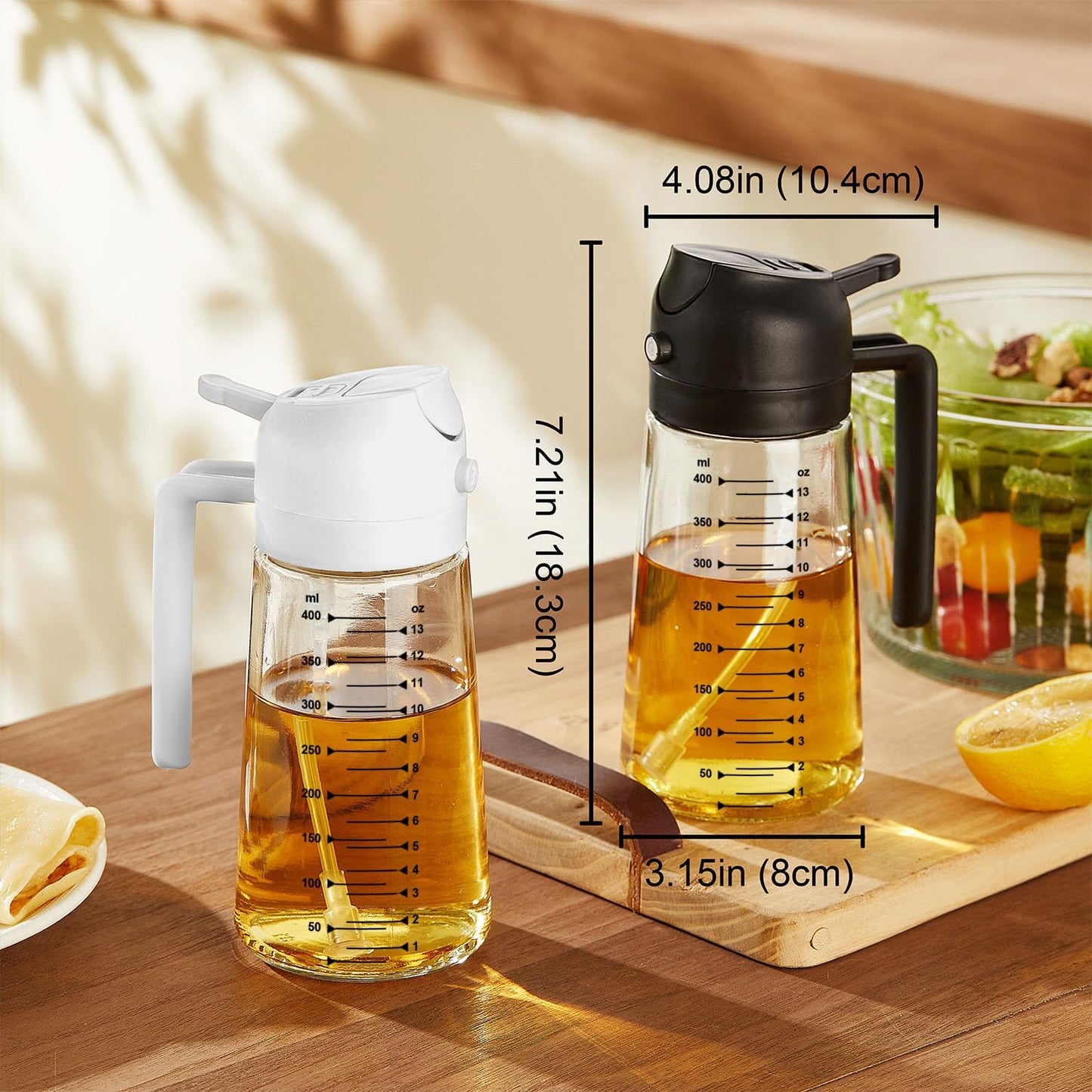 TrendPlain 16oz/470ml Glass Olive Oil Sprayer for Cooking ?2 in 1 Olive Oil Dispenser Bottle for Kitchen Gadgets and Air Fryer Accessories, Salad, BBQ - Black