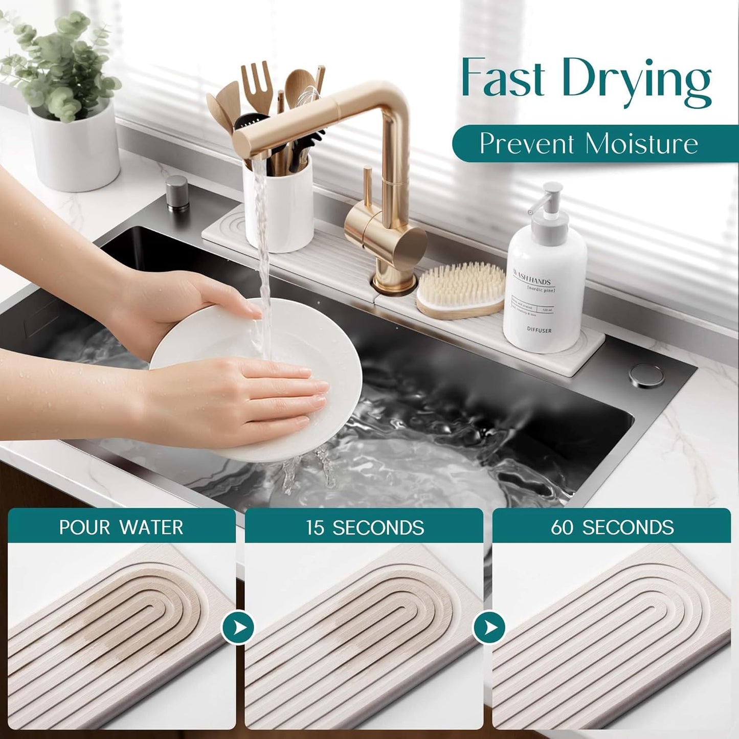 Eormoe Faucet Mat for Kitchen Sink ?Diatomite Stone Drying Mat & Sink Protectors, Prevent Moisture ?Sink Splash Guard Water-Absorbing Stone Tray for Kitchen Counter Decor (Light Grey, 23.6" x 3.9")