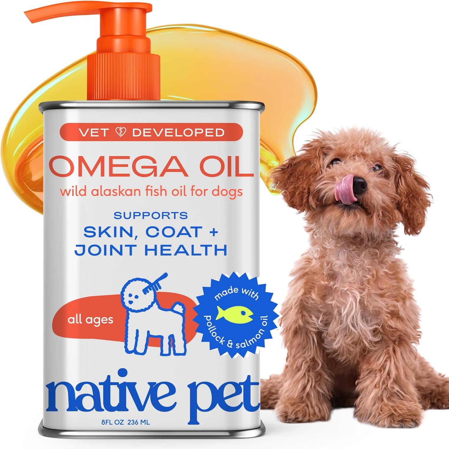 Native Pet Omega 3 Fish Oil for Dogs & Cats ?Wild Alaskan Salmon Oil for Dogs Skin and Coat, Supports Joints, Heart & Shedding ?Fast-Absorbing Omega 3 6 9 Liquid Supplement ?8oz
