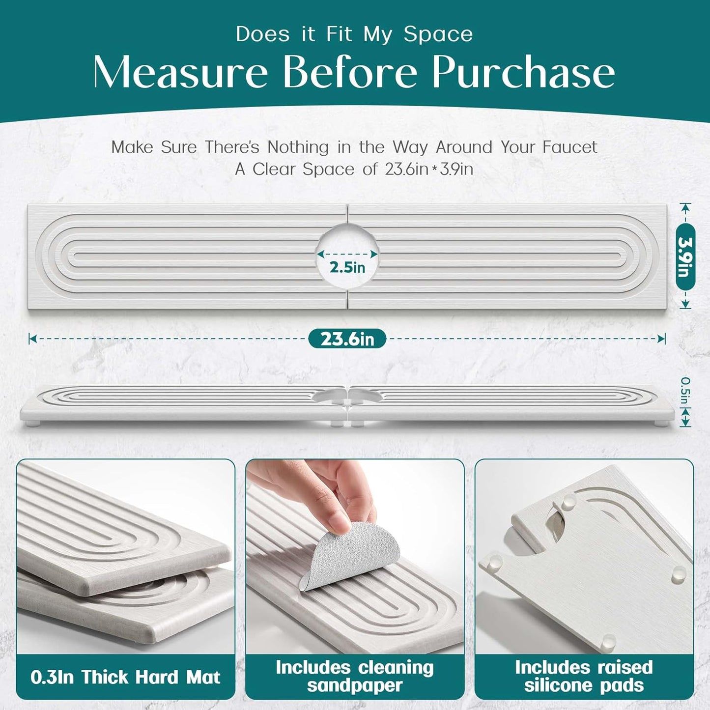 Eormoe Faucet Mat for Kitchen Sink ?Diatomite Stone Drying Mat & Sink Protectors, Prevent Moisture ?Sink Splash Guard Water-Absorbing Stone Tray for Kitchen Counter Decor (Light Grey, 23.6" x 3.9")