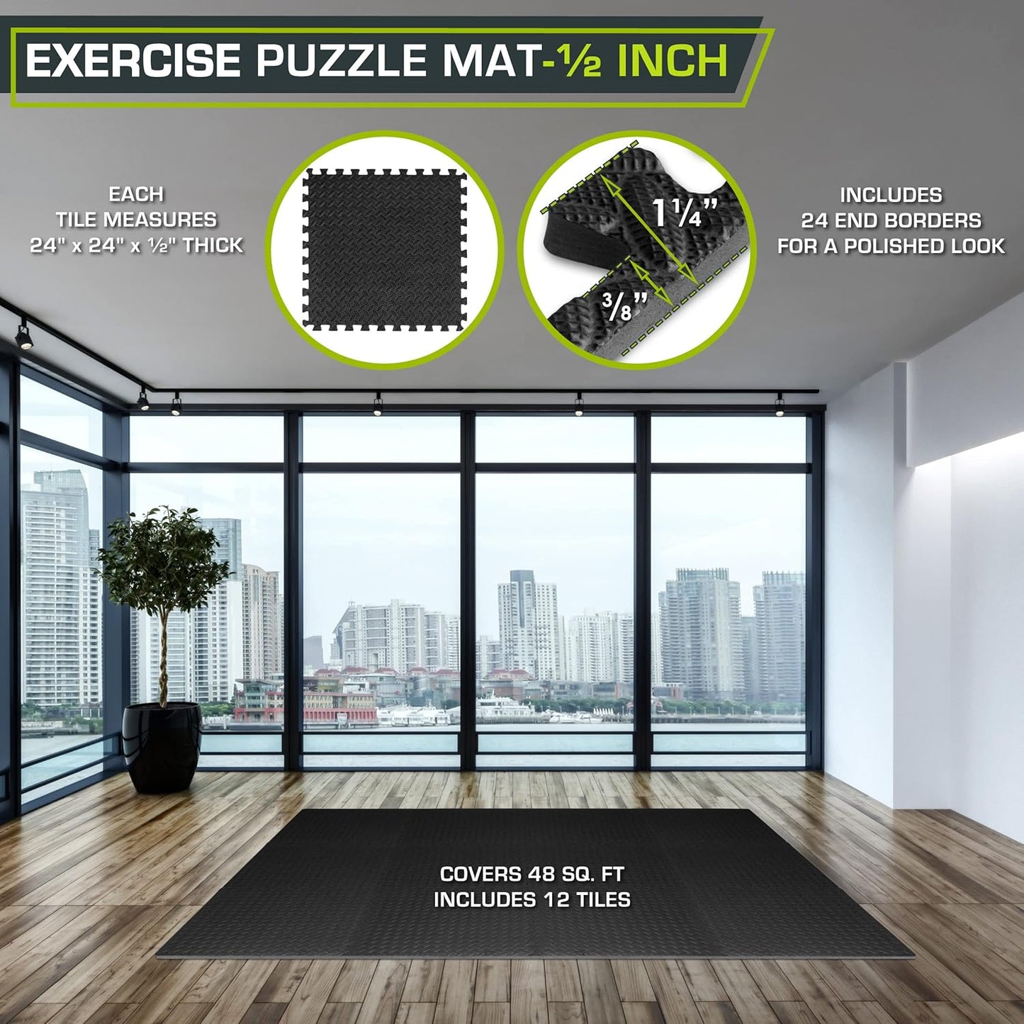 ProsourceFit Puzzle Exercise Mat ?in, EVA Interlocking Foam Floor Tiles for Home Gym, Water-Resistant Mats Workout Equipment, Floor Padding for Kids, Black, 24 in x 24 in x ?in, 48 Sq Ft - 12 Tiles