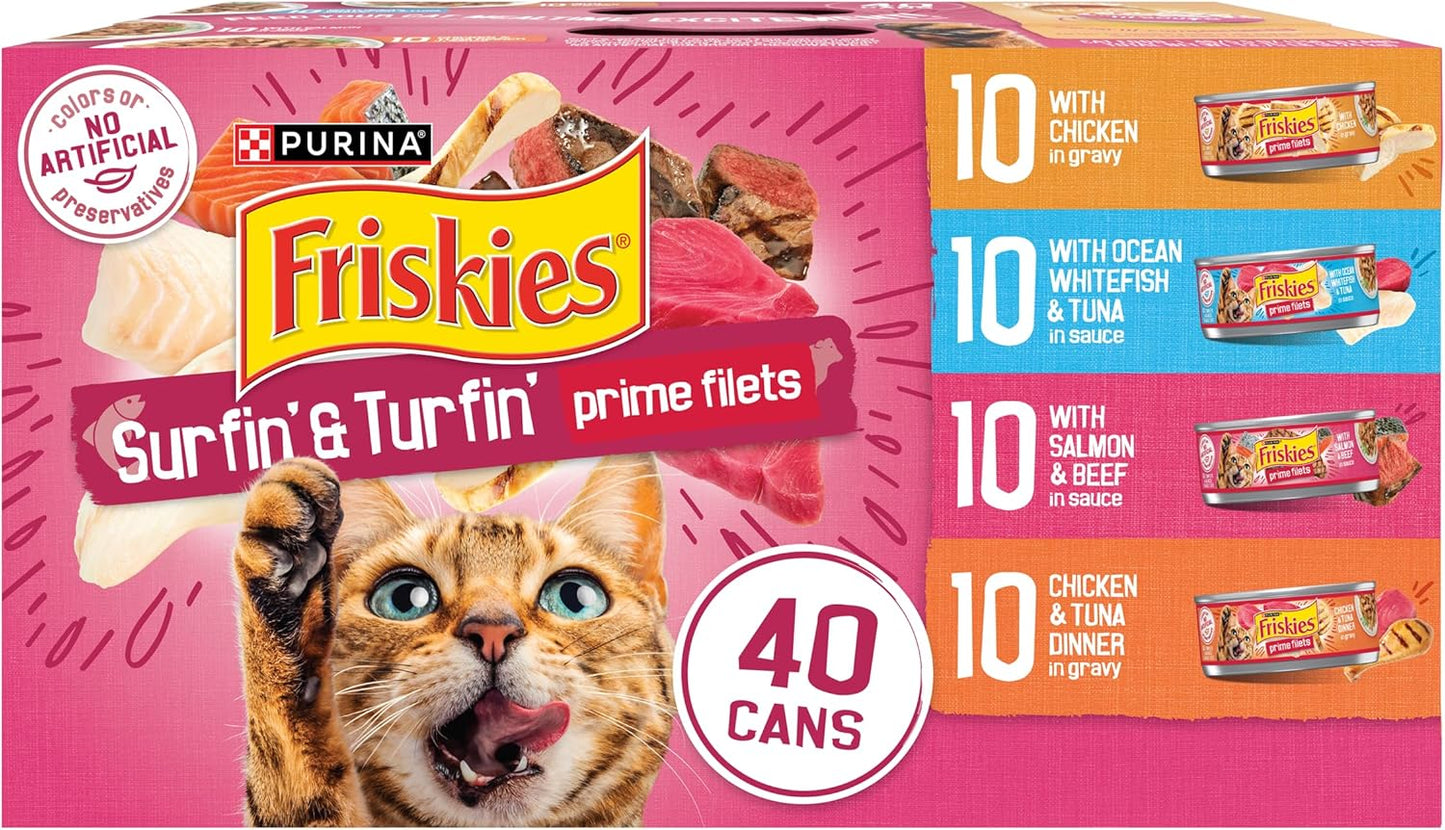Purina Friskies Gravy Wet Cat Food Variety Pack, Surfin?and Turfin?Prime Filets Favorites - (Pack of 40) 5.5 oz. Cans