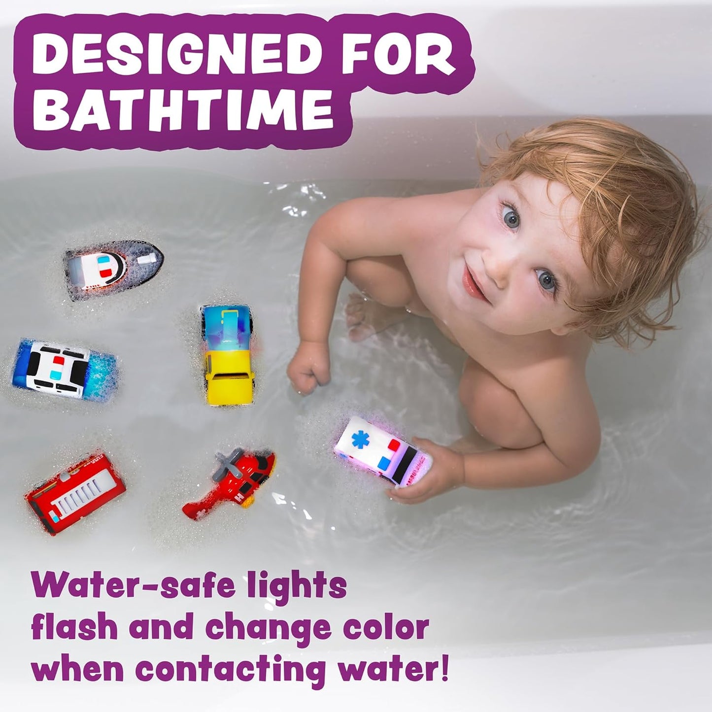 Tub Works?Emergency?Cars Light Up Bath Toys, 6 Pack | Water-Activated Light Up Toys Flash & Change Color | Soft, Squeezable Baby & Toddler Bath Toys | Sensory Toys with Bath Lights for Kids Bath