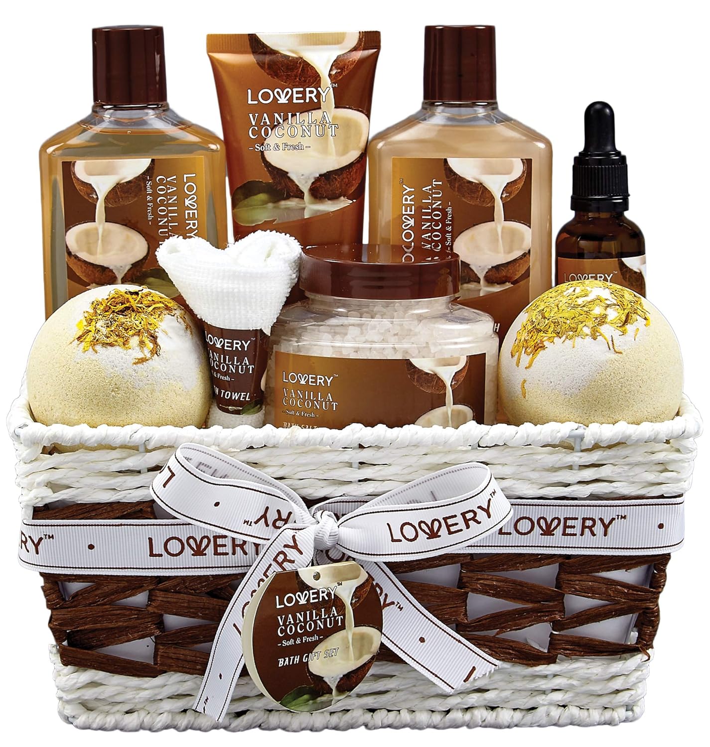 Gifts For Women Gift Basket for Women?9 Piece Set of Vanilla Coconut Home Spa Set, Luxurious Gifts for Her, Bath and Body Sets Includes Fragrant Lotions, Large Bath Bombs, Coconut Oil