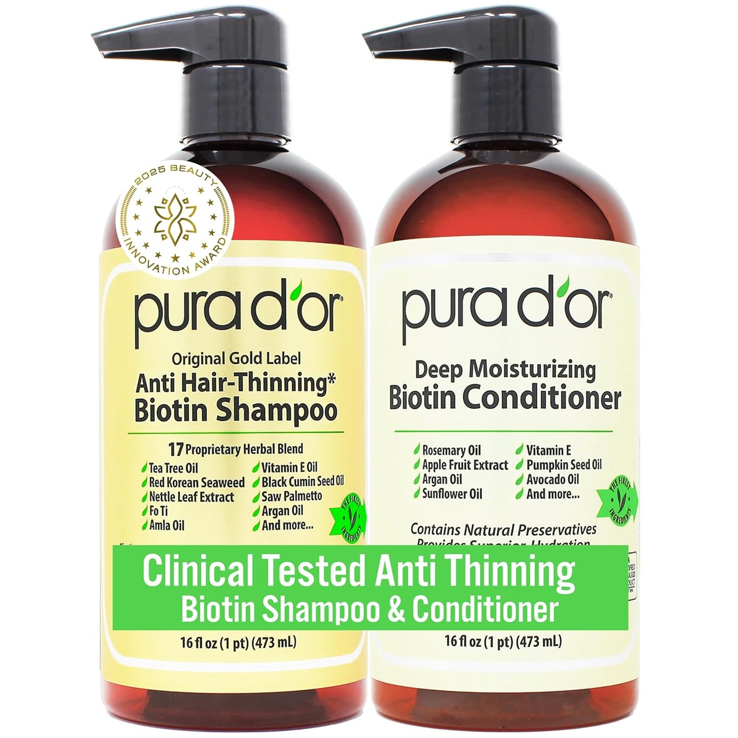 PURA D'OR Anti-Thinning Biotin Shampoo & Conditioner Original Gold Label Set (16oz x2) ?CLINICALLY TESTED Formula for Volume, Strength & Thicker-Looking Hair ?Helps Reduce Breakage For Women & Men
