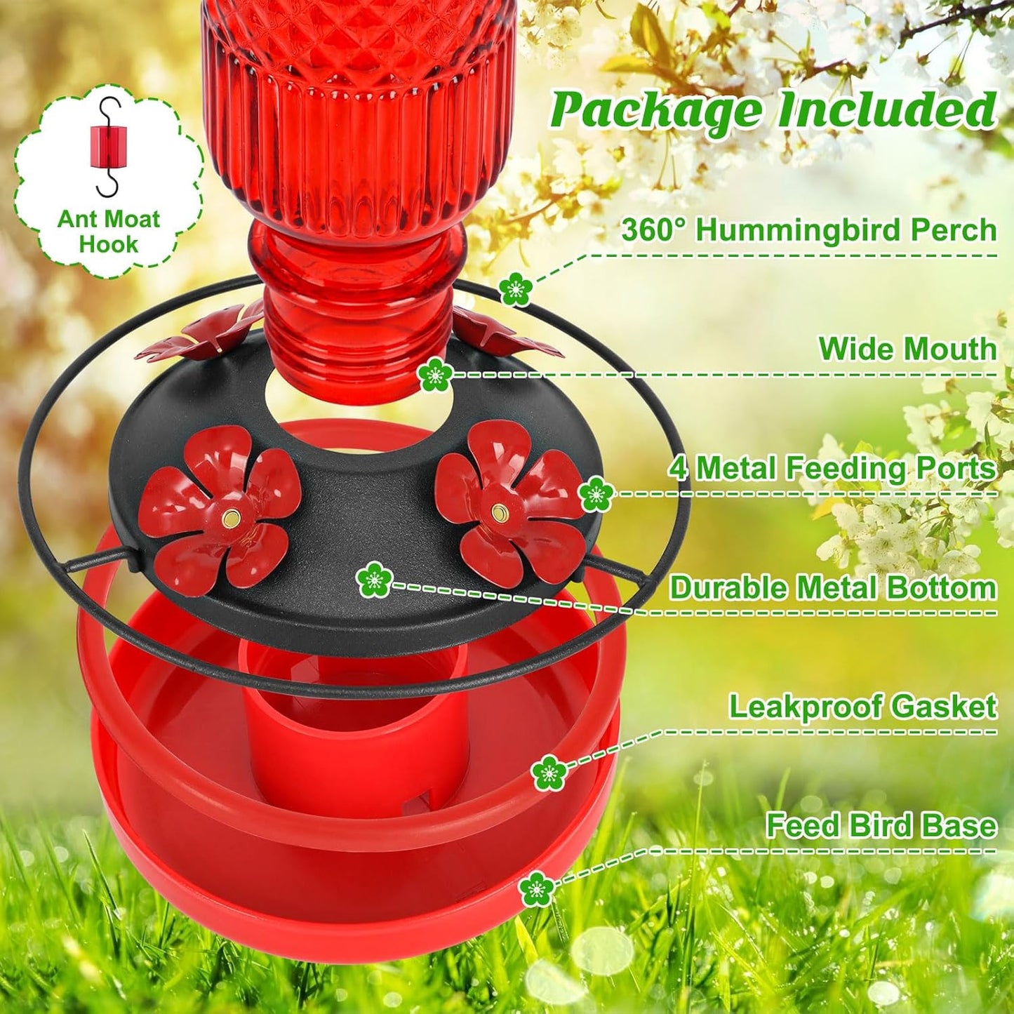 FEED GARDEN Glass Hummingbird Feeder, 16oz Outdoor Hanging Bird Feeder with Ant Moat, 4 Bee-Proof Feeding Ports, 360?Perch, Leak-Proof, Red