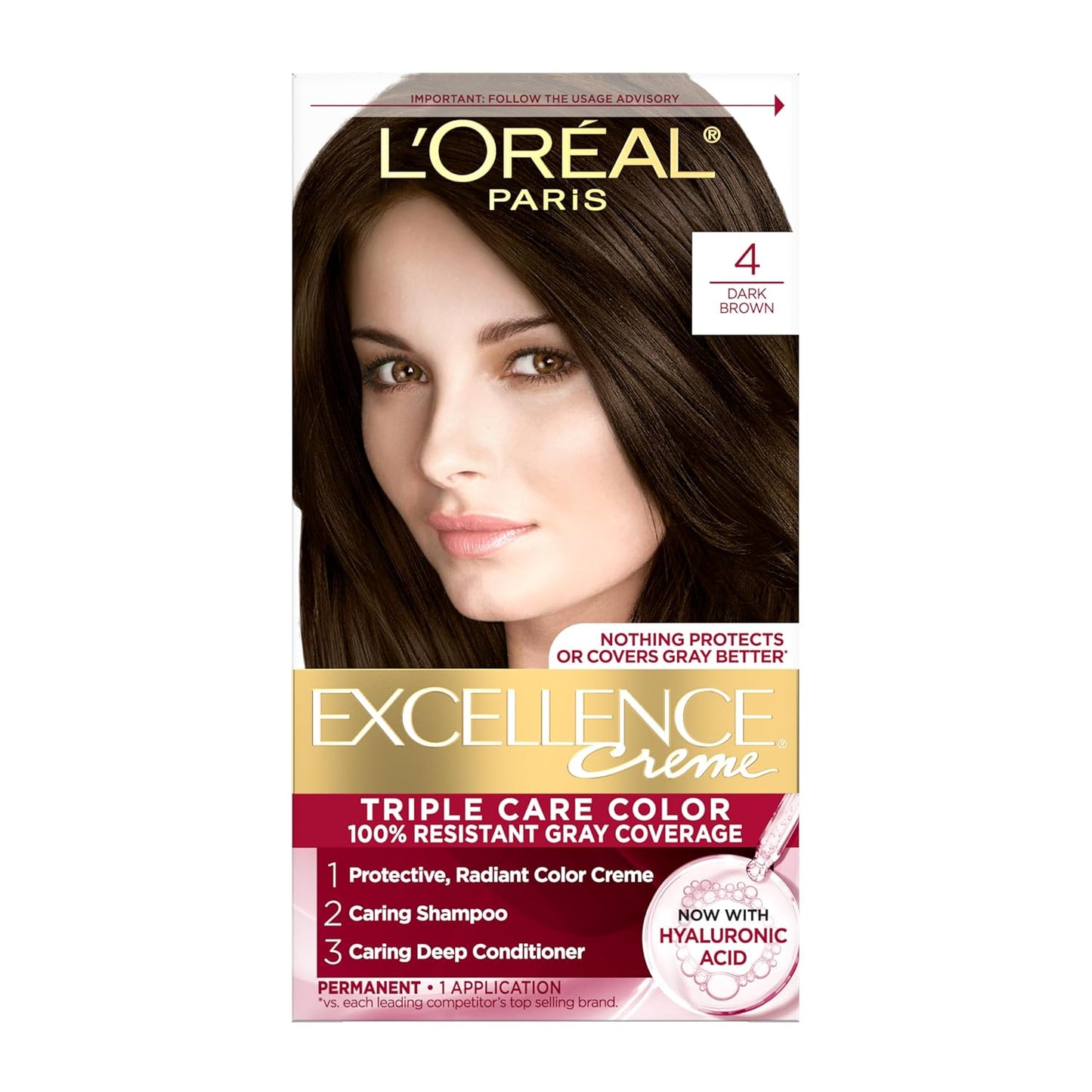 L'Oreal Paris Excellence Cr?e Permanent Hair Dye, Triple Care Hair Color with Hyaluronic Acid for 100% Gray Coverage, 4 Dark Brown, 1 Kit (Packaging May Vary)