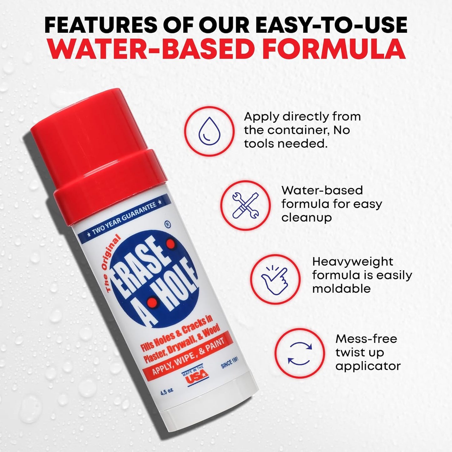 Erase-A-Hole Wall Repair Stick ?Quick-Dry Nail & Screw Hole Filler for Drywall, Wood & Plaster ?No Sand Spackle Alternative, Paintable Putty, 4.5 oz