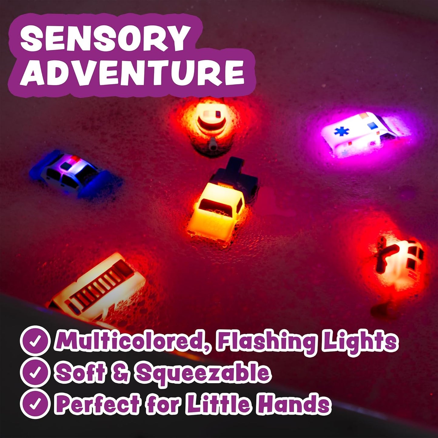 Tub Works?Emergency?Cars Light Up Bath Toys, 6 Pack | Water-Activated Light Up Toys Flash & Change Color | Soft, Squeezable Baby & Toddler Bath Toys | Sensory Toys with Bath Lights for Kids Bath
