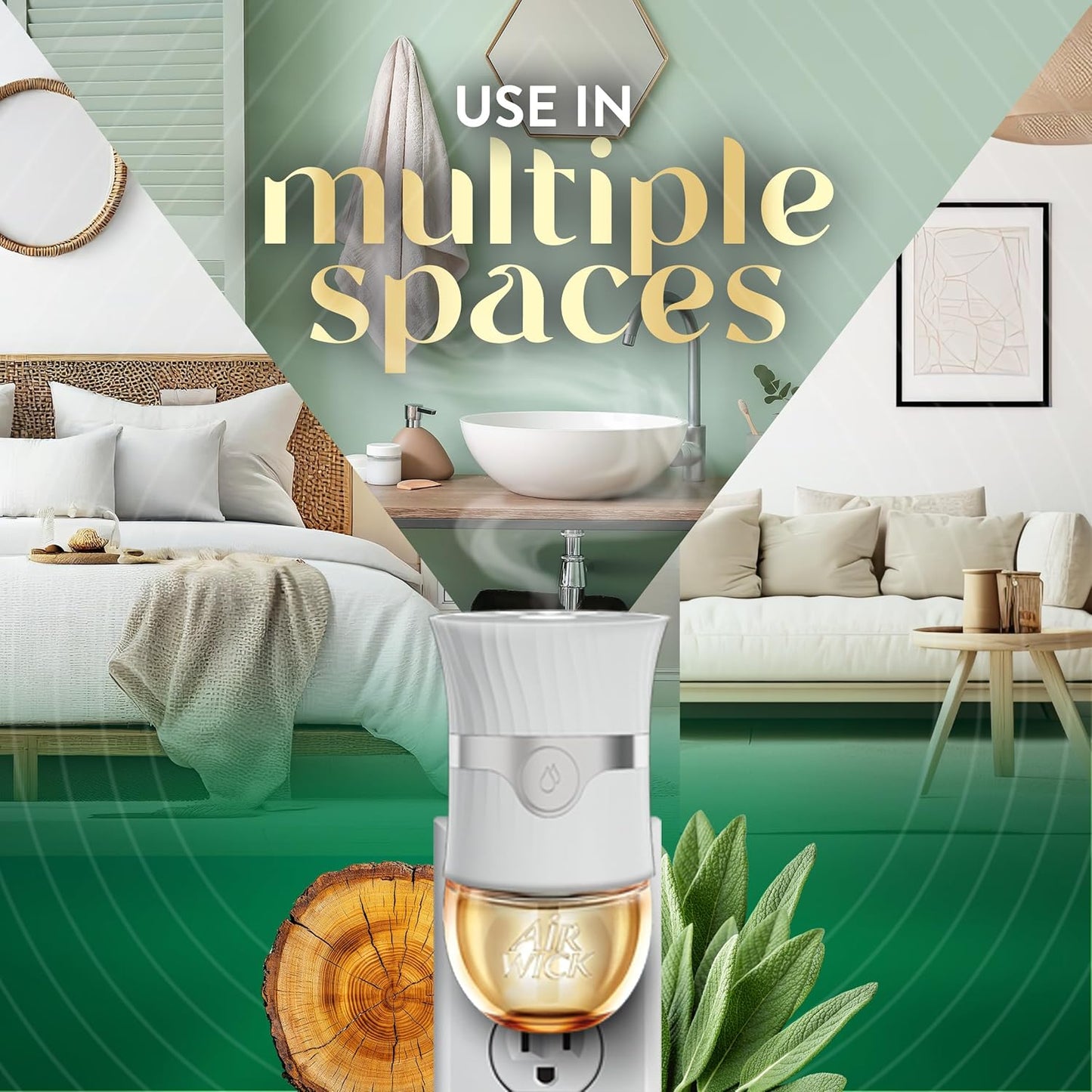Air Wick Vibrant Plug In Scented Oil Refill, Infused with Essential Oils, Plug In Air Fresheners for Home, White Sage & Mahogany, 4 ct