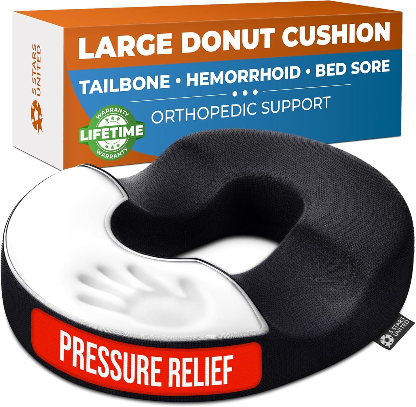 5 STARS UNITED Donut Pillow Hemorrhoid Tailbone Cushion ?Large Cushion for Pain Relief ?Coccyx, Prostate, Sciatica, Pelvic Floor, Pressure Sores, Pregnancy, Postpartum Recovery, Black