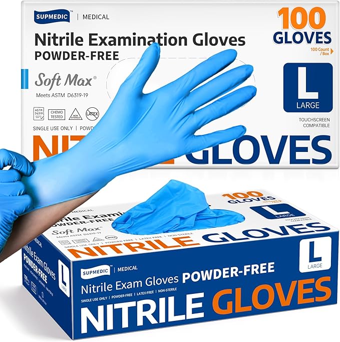 Supmedic Medical Soft Max?Nitrile Exam Gloves, 100 Count Latex-Free Powder-Free Non-Sterile Food Safe Disposable Glove, Blue
