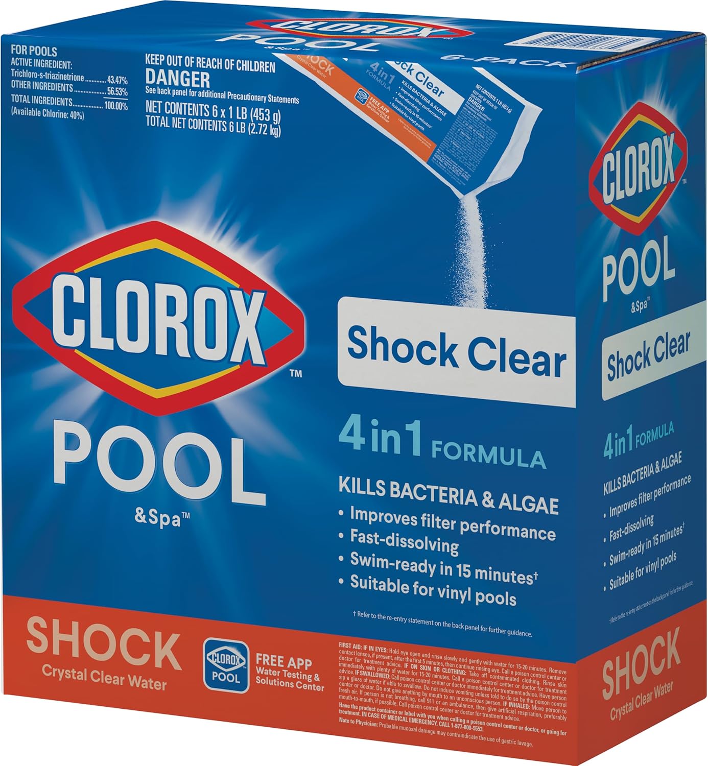 Clorox?Pool&Spa?Shock Clear, for Crystal Clear Swimming Pool Water, Swim-ready in 15 minutes, Suitable for vinyl pools (6-Pack)