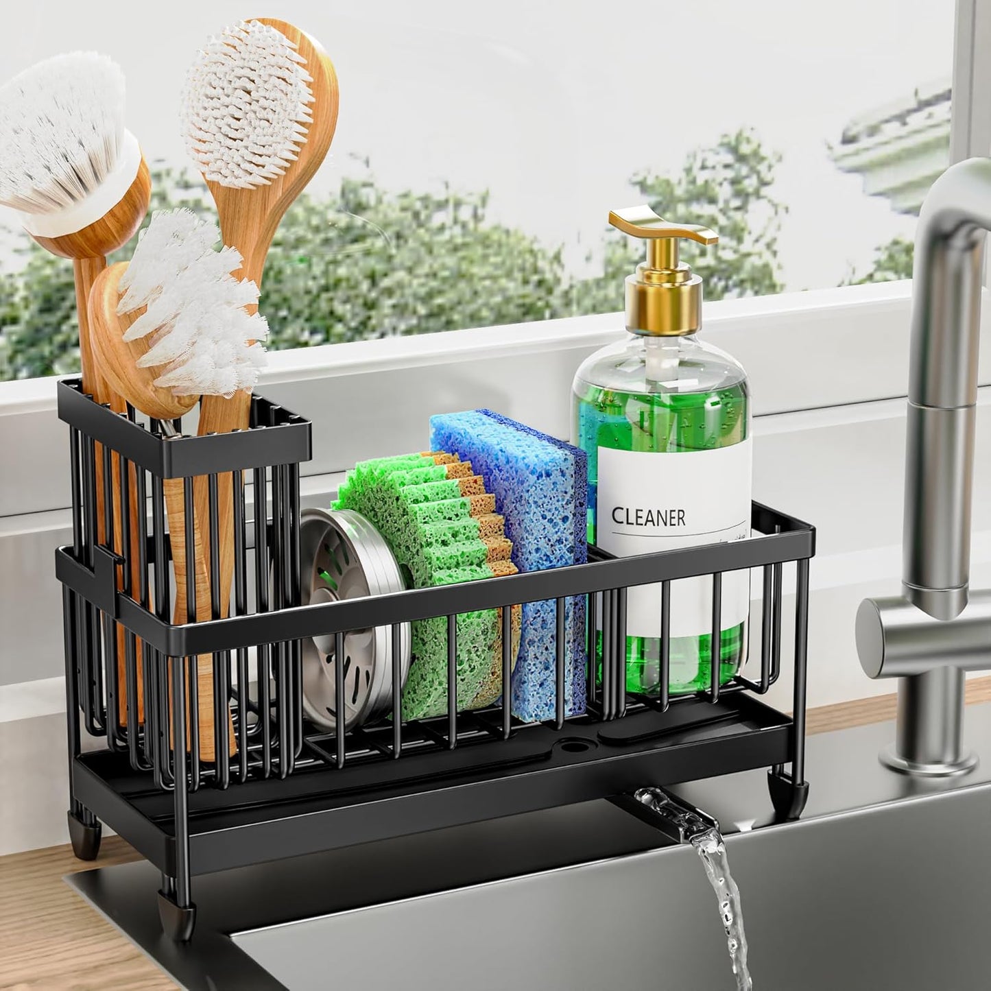 Cisily Sponge Holder for Kitchen Sink, Sink Caddy Organizer with High Brush Holder, Kitchen Countertop Organizers and Storage Essentials, Rustproof 304 Stainless Steel (Black, 9.25)"