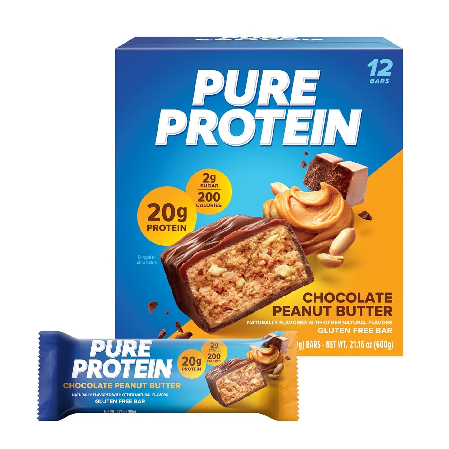Pure Protein Chocolate Peanut Butter Protein Bars ?20g Protein, 3g Sugar, 190 Calories (12 count) Low Sugar* High Protein Snack - Gluten Free - Perfect for a Healthy Snack