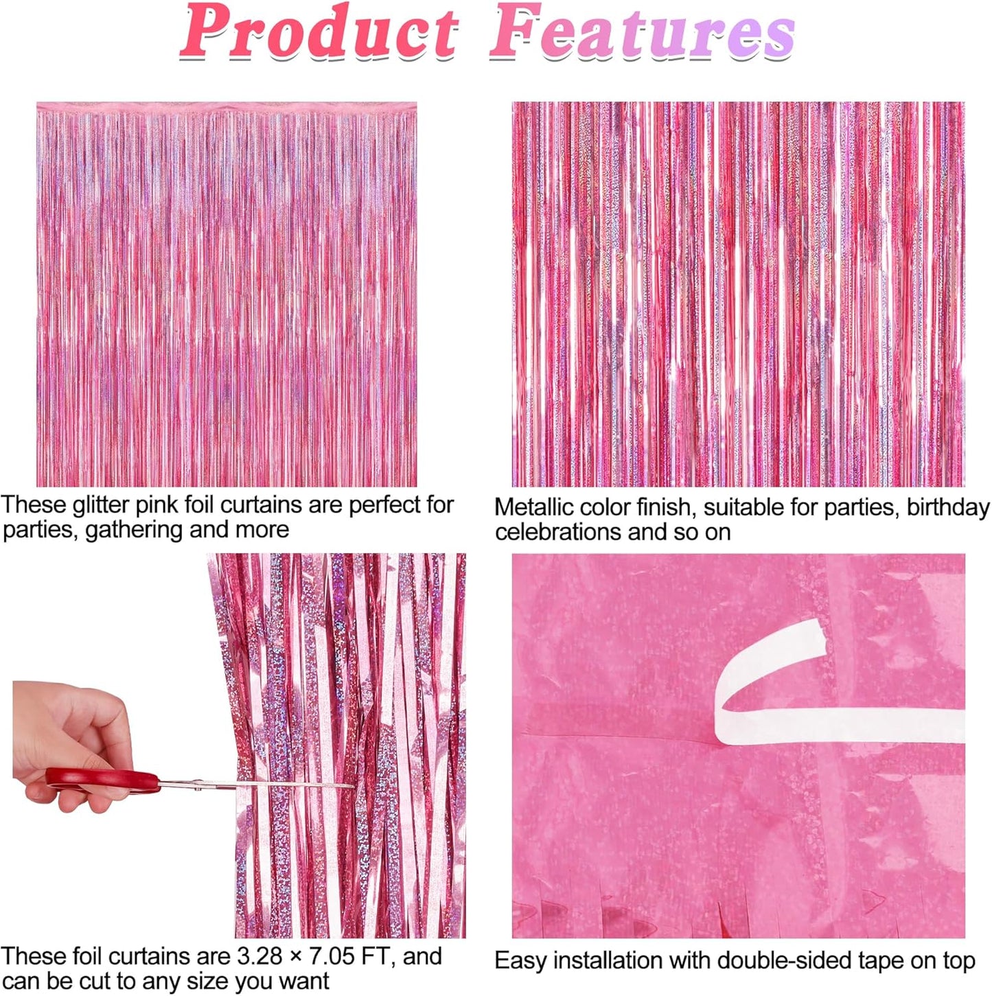 2 Pack Glitter Pink Backdrop, 3.28 FT x 7.05 FT Birthday Party Decorations, Laser Pink Fringe Curtains Foil Streamer Tinsel, Pink Curtains Photo Backdrop Happy Birthday Valentines Day Backdrop