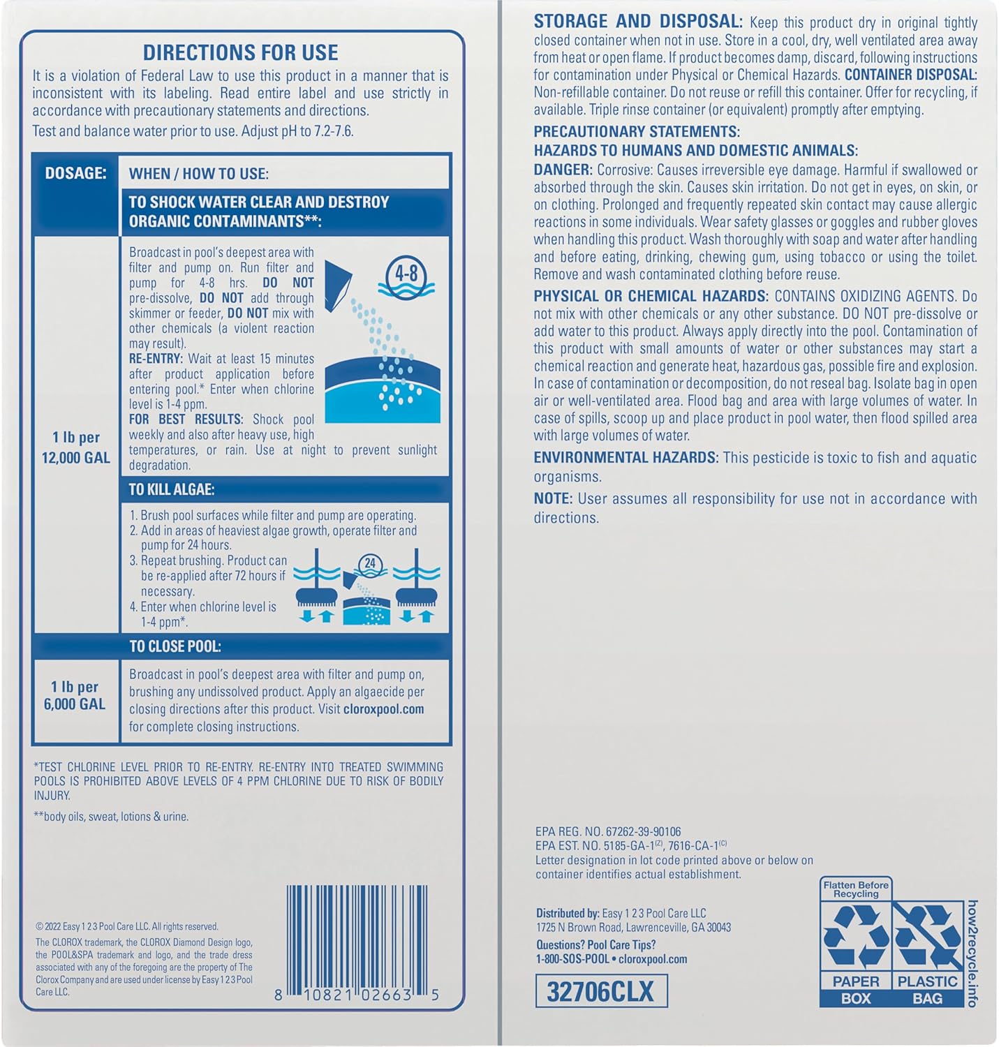 Clorox?Pool&Spa?Shock Clear, for Crystal Clear Swimming Pool Water, Swim-ready in 15 minutes, Suitable for vinyl pools (6-Pack)