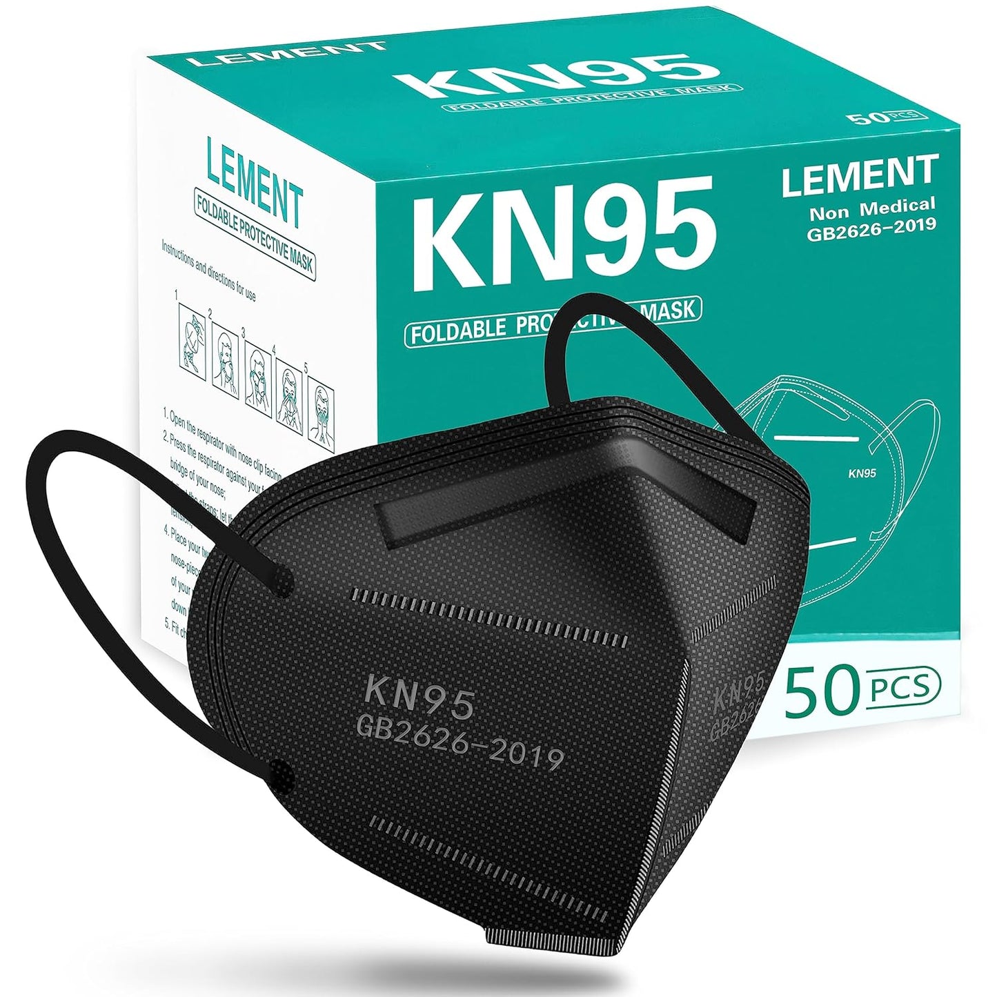 LEMENT 50pcs KN95 Face Mask Black 5 Layer Cup Dust Safety Masks Filter Efficiency=95% Breathable Elastic Ear Loops Black Masks