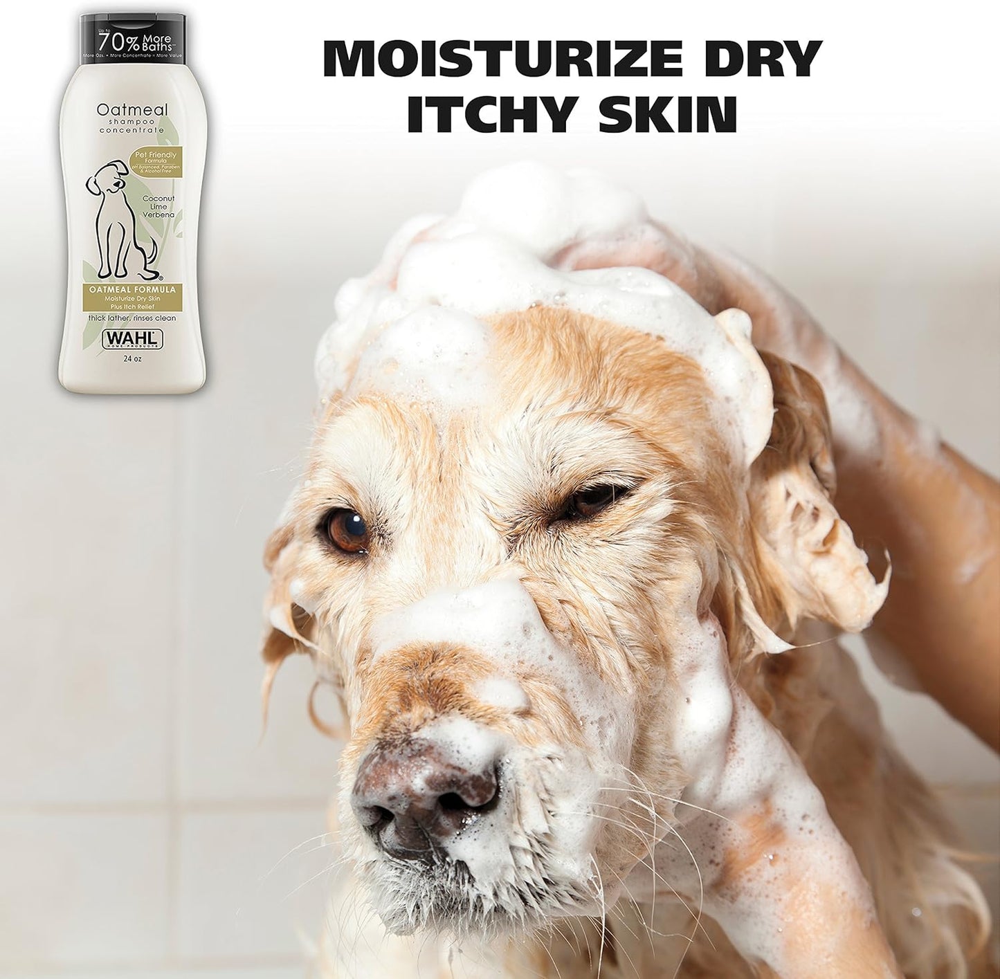 Wahl USA Dry Skin & Itch Relief Pet Shampoo for Dogs ?Oatmeal Formula with Coconut Lime Verbena Scent & Pet Friendly Formula, 24 Oz - Model 820004A