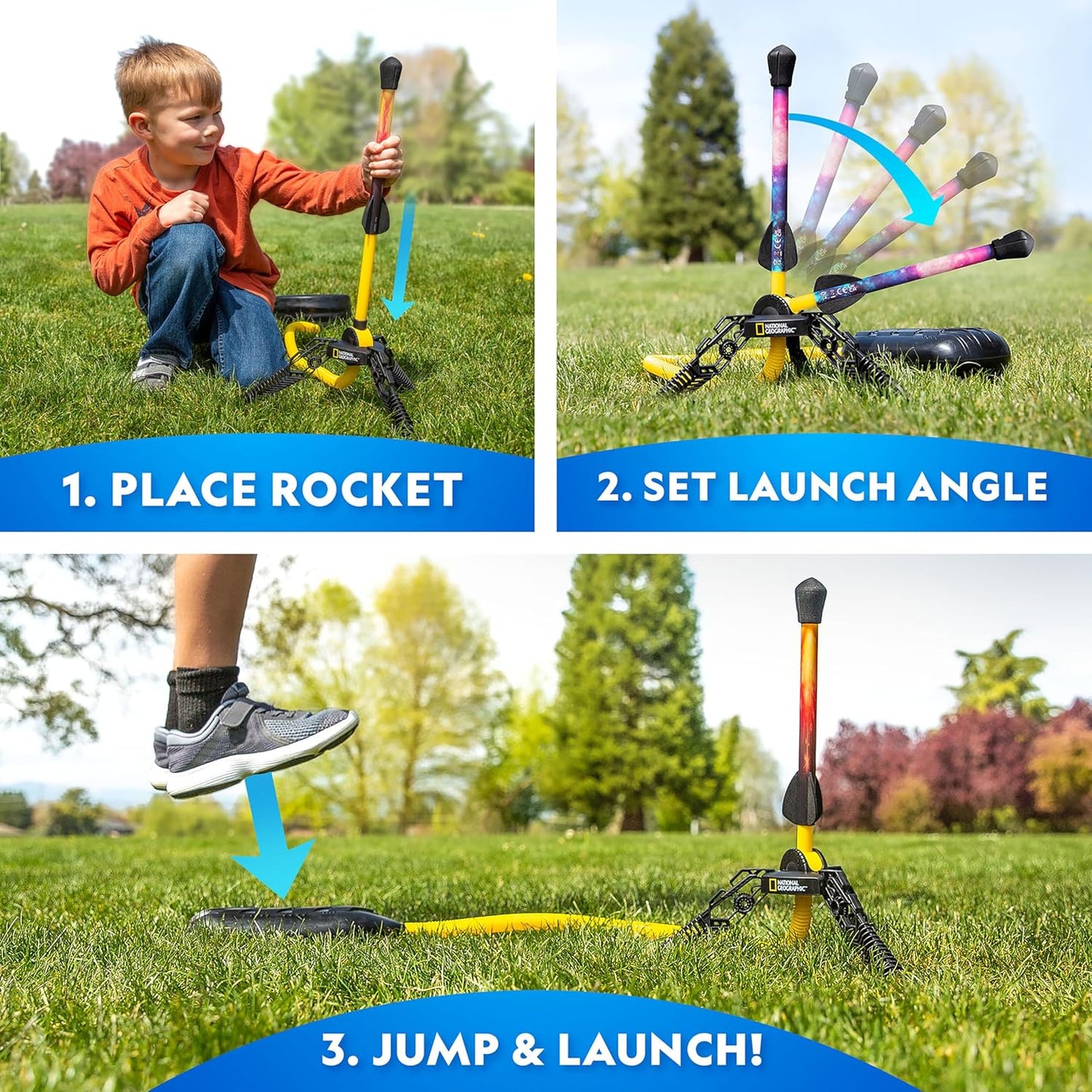 NATIONAL GEOGRAPHIC Air Rocket Toy ?Ultimate LED Rocket Launcher for Kids, Jump and Launch The Light Up, Air Powered, Foam Tipped Rockets up to 100 Feet