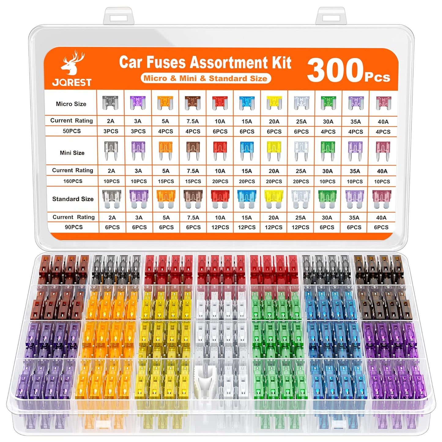JOREST 300Pcs Car Fuse Assortment Kit, 160 Mini Blade Fuses Automotive + 90 Standard Auto Fuses + 50 Micro + Puller ?Replacement for RV Camper Boat Truck (2Amp 3A 5A 7.5A 10A 15A 20A 25A 30A 35A 40A)
