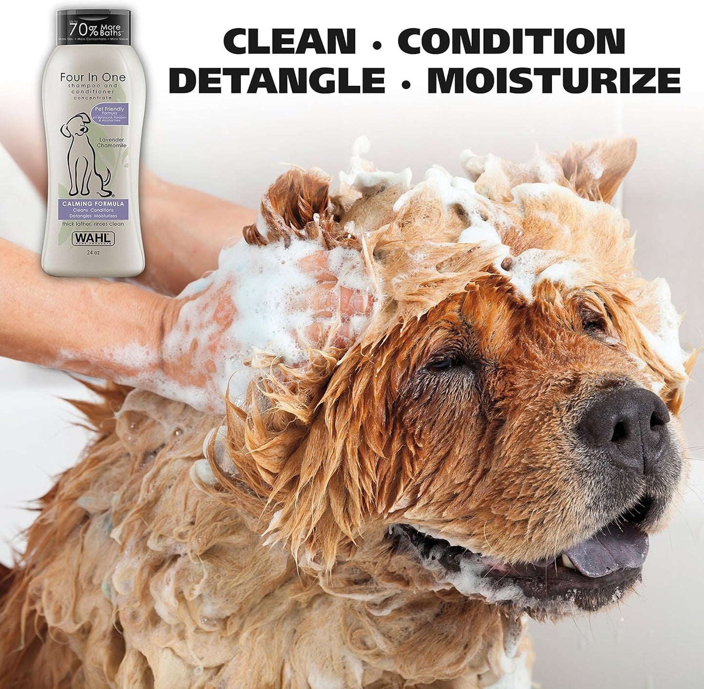 Wahl USA 4-in-1 Calming Dog Shampoo with Lavender Chamomile Scent ?Cleans, Conditions, Detangles, & Moisturizes - Pet Friendly Formula - 24 Oz - Model 820000A
