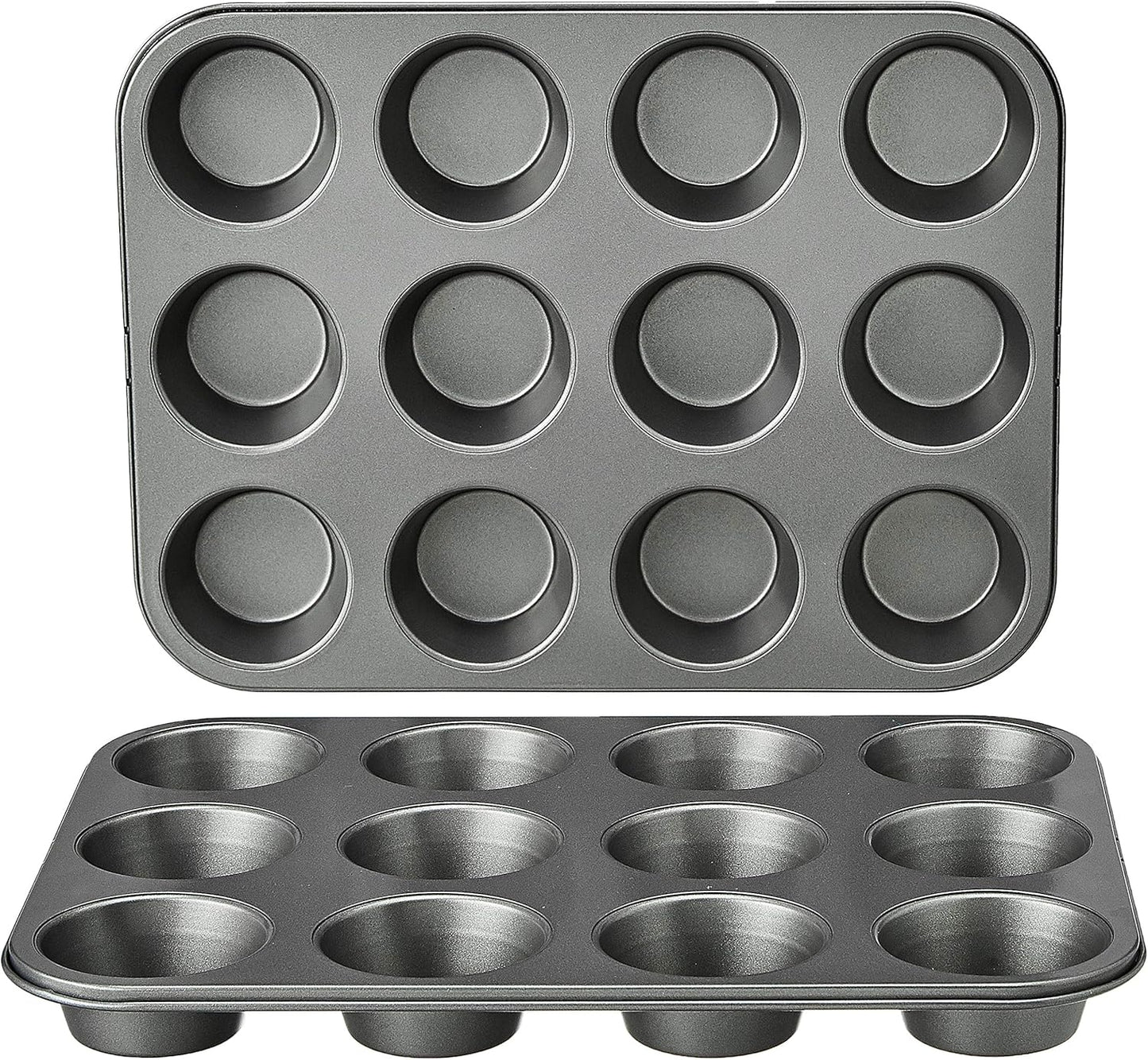 Amazon Basics Nonstick Muffin Pan, Set of 2, Sturdy, Oven Safe, Bakes Evenly, Easy to Clean, 12 Cups, Gray, 13.9x10.55x1.22"
